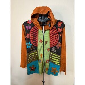 Rising International Patchwork Floral Embroidered Zip Up Hoodie Orange Medium